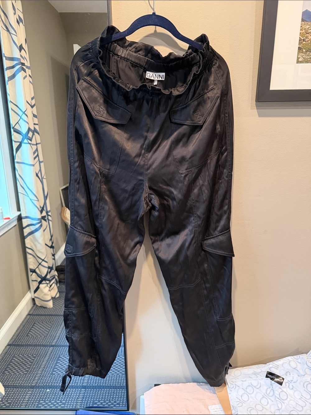 Ganni Black Satin Cargo Joggers